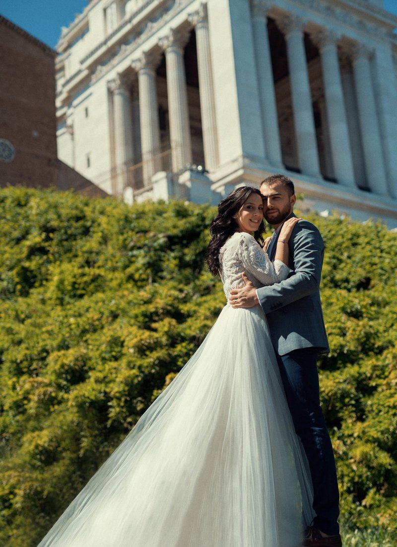 Bride and Groom Before a Neoclassical Building