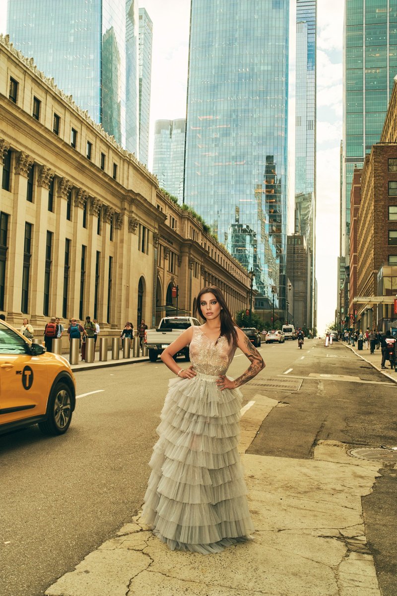 Model in a Tiered Gown on a Midtown Avenue