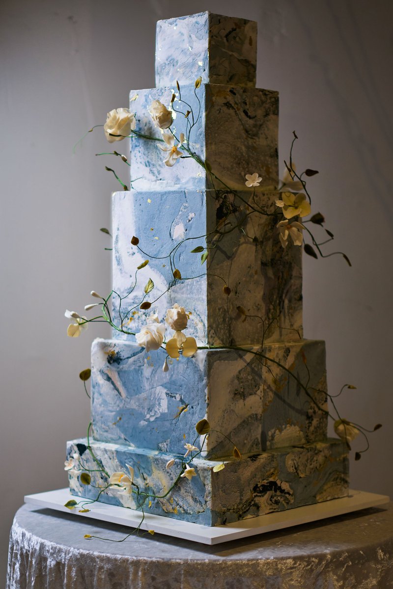 Marbled Blue Wedding Cake with Sugar Flowers
