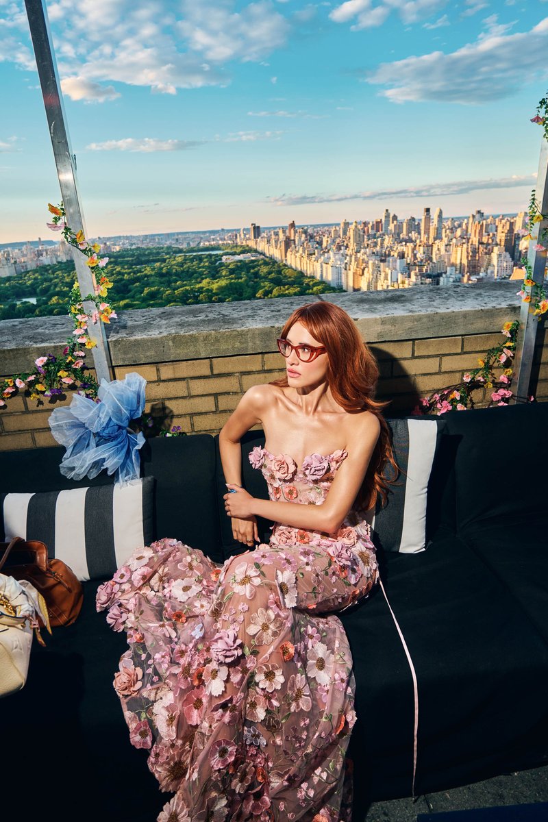Woman in a Floral Gown on a Rooftop Above Central Park
