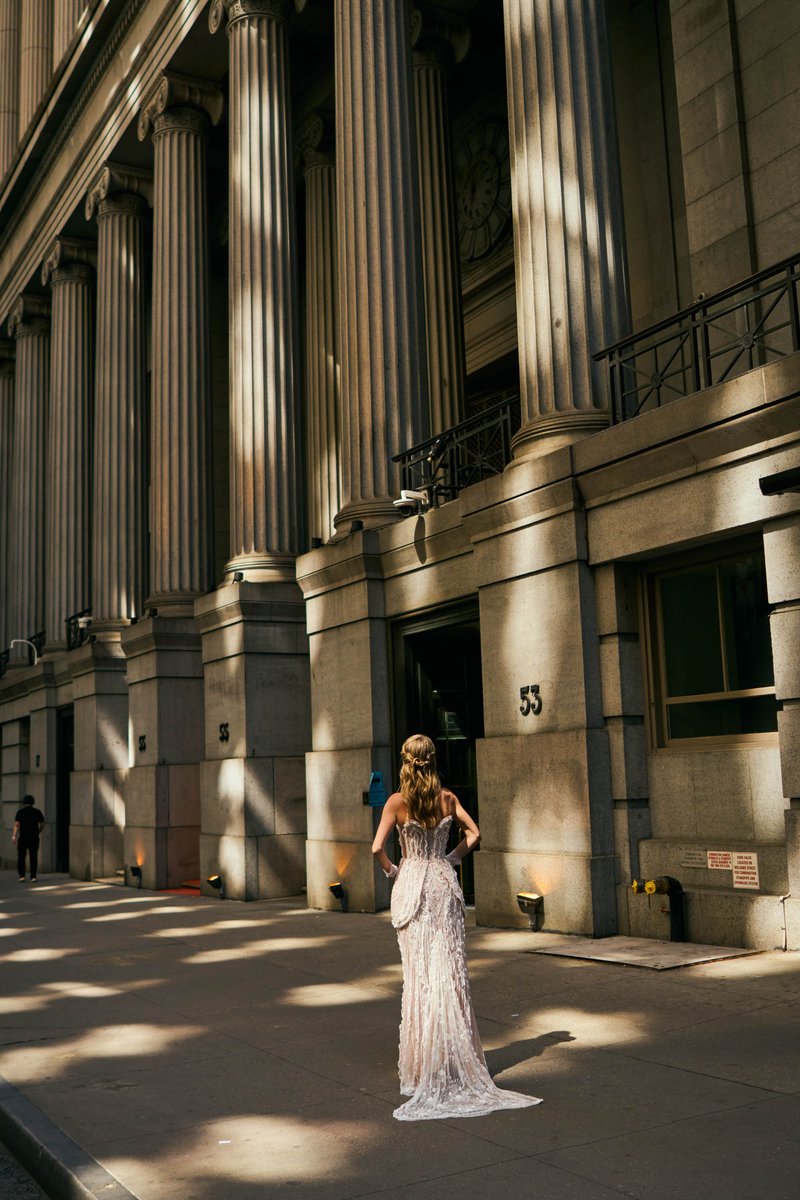Bride by the Columns of a Manhattan Bank Building