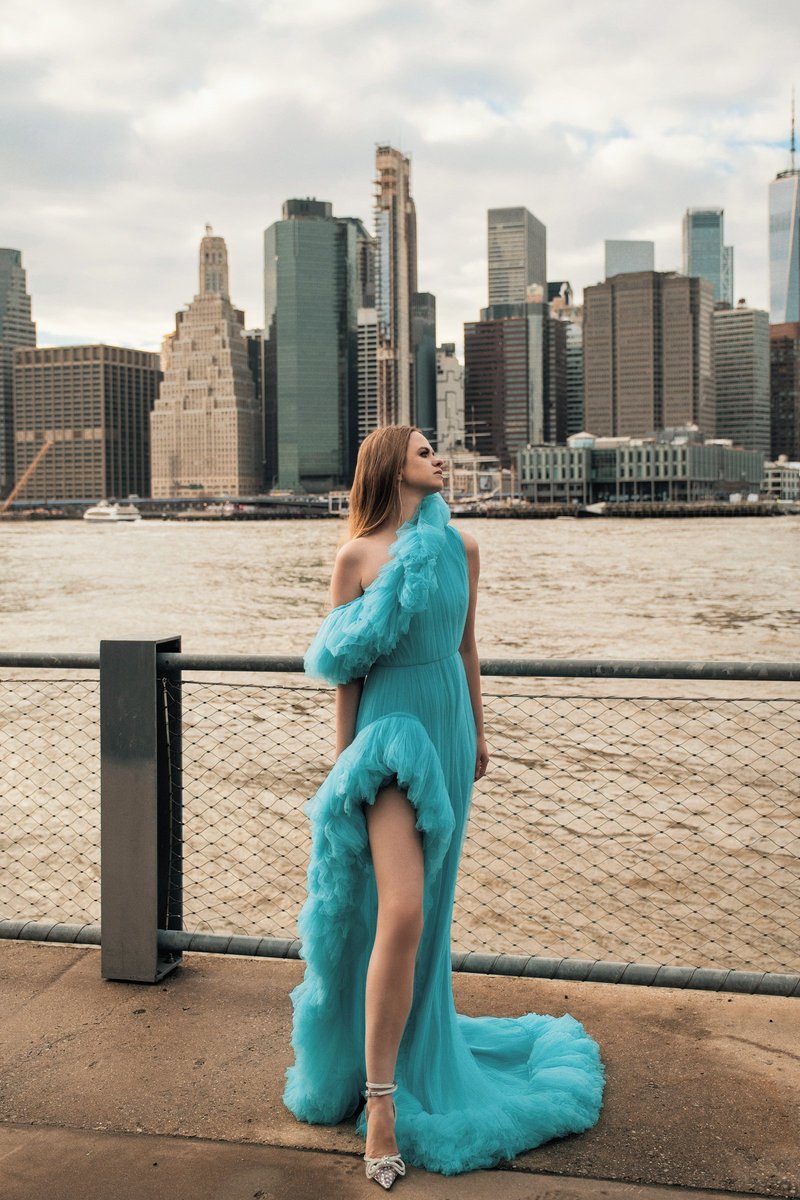 Model in Teal Tulle with the Downtown Skyline Behind
