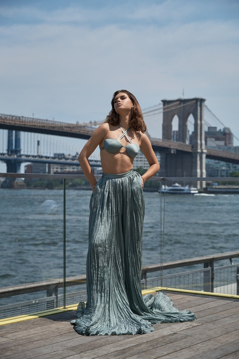 Model in Pleated Silver on the Brooklyn Waterfront